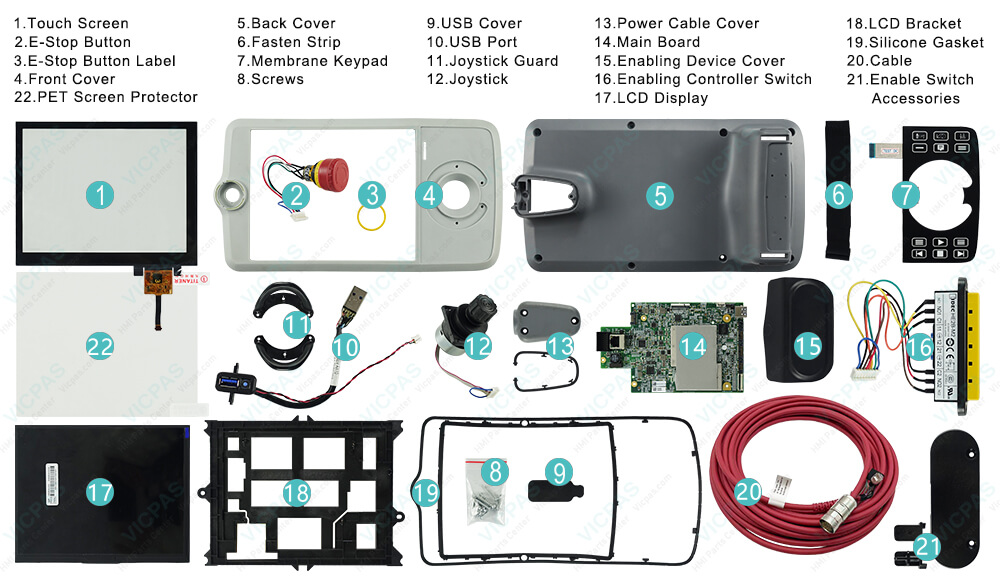 ABB3HAC065726-001 FlexPendant DSQC3060 cable, LCD screen, E-stop button, membrane switch, E-stop button label, joystick, housing, Power Cable Cover, LCD Bracket, USB Port, Main Board, Silicone Gasket, Joystick Guard, Enabling Device Cover, Cable, Screws, Joystick, Enabling Controller Switch, Enable Switch Accessories, USB Cover, PET Screen Protector and hand strap