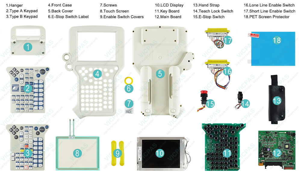 Kawasaki Robot 50817-1297 Teach Pendant Keypad Membrane, Housing, LCD Panel, Touch Digitizer Glass, Teach Lock Switch, E-Stop Switch, Lone Line Enable Switch, Short Line Enable Switch, PET Screen Protector, Enable Switch Covers, Key Board, Main Board, Hand Strap replacement Kawasaki Robot 50817-1297 Teach Pendant Keypad Membrane, Housing, LCD Panel, Touch Digitizer Glass, Teach Lock Switch, E-Stop Switch, Lone Line Enable Switch, Short Line Enable Switch, PET Screen Protector, Enable Switch Covers, Key Board, Main Board, Hand Strap replacement