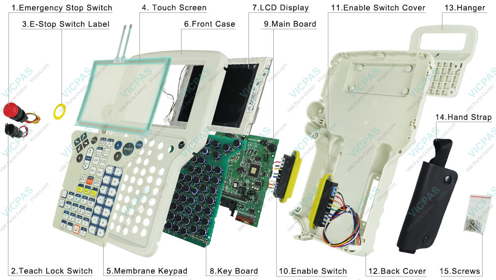 Kawasaki Robot 50817-1428 Teach Pendant Touch Screen, Membrane Keypad, LCD Screen, Plastic Case, Main Board, Hand Strap, Teach Lock Switch, E-Stop Switch, Lone Line Enable Switch, Short Line Enable Switch, PET Screen Protector, Enable Switch Covers, Key Board repair