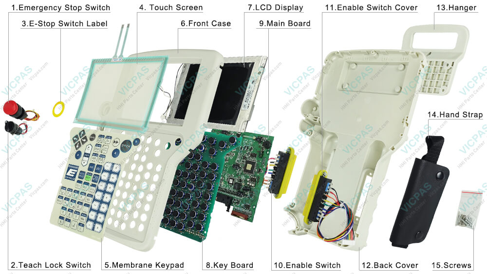 Kawasaki Robot 50817-1347 Teach Pendant Touch Screen Tablet, LCD Display, Membrane Keypad, Housing, PET Screen Protector, Enable Switch Covers, Key Board, Main Board, Hand Strap, Teach Lock Switch, E-Stop Switch, Lone Line Enable Switch, Short Line Enable Switch replacement Kawasaki Robot 50817-1347 Teach Pendant Touch Screen Tablet, LCD Display, Membrane Keypad, Housing, PET Screen Protector, Enable Switch Covers, Key Board, Main Board, Hand Strap, Teach Lock Switch, E-Stop Switch, Lone Line Enable Switch, Short Line Enable Switch replacement