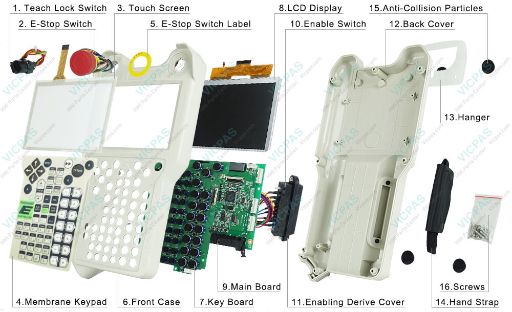 Kawasaki Robotics 50817-0069 50817-0072 plastic enclosure, Anti-Collision Particles, Screws, Hanger, Key Board, Mainboard, Teach Lock Switch, E-Stop Switch, E-Stop Switch Label, Enable Switch, Hand Strap, PET Screen Protector, Enabling Derive Cover, Touch Screen, Membrane Keypad Keybaord, LCD Display for repair replacement Kawasaki Robotics 50817-0069 50817-0072 plastic enclosure, Anti-Collision Particles, Screws, Hanger, Key Board, Mainboard, Teach Lock Switch, E-Stop Switch, E-Stop Switch Label, Enable Switch, Hand Strap, PET Screen Protector, Enabling Derive Cover, Touch Screen, Membrane Keypad Keybaord, LCD Display repair replacement