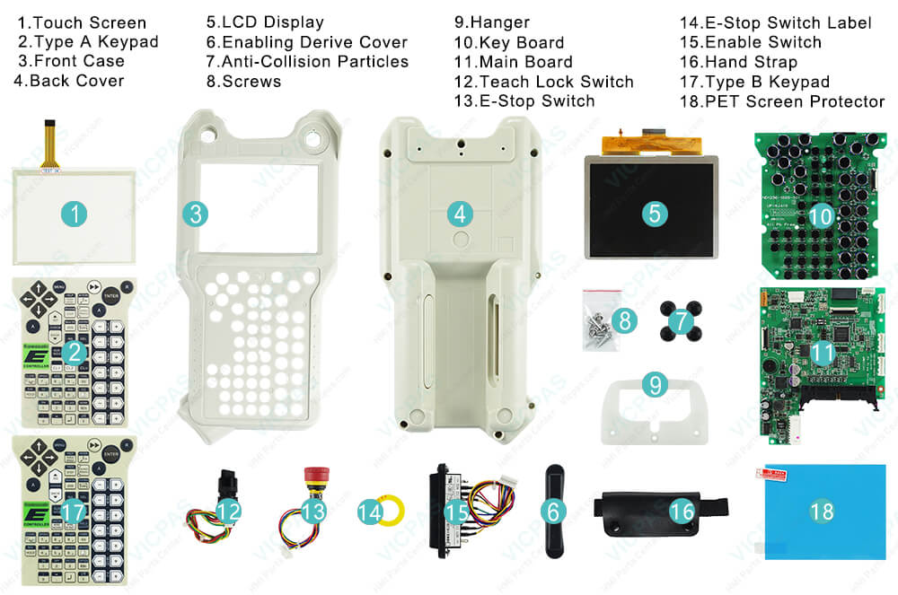 Kawasaki Robotics 50817-0072R00 Teach Pendant Parts, touchscreen, membrane keypad, LCD display, Screws, Hanger, Key Board, Motherboard, Teach Lock Switch, E-Stop Switch, E-Stop Switch Label, Enable Switch, Hand Strap, PET Screen Protector, Enabling Derive Cover, Anti-Collision Particles and protective case shell for repair replacement Kawasaki Robotics 50817-0072R00 Teach Pendant Parts, touchscreen, membrane keypad, LCD display, Screws, Hanger, Key Board, Motherboard, Teach Lock Switch, E-Stop Switch, E-Stop Switch Label, Enable Switch, Hand Strap, PET Screen Protector, Enabling Derive Cover, Anti-Collision Particles and protective case shell for repair replacement