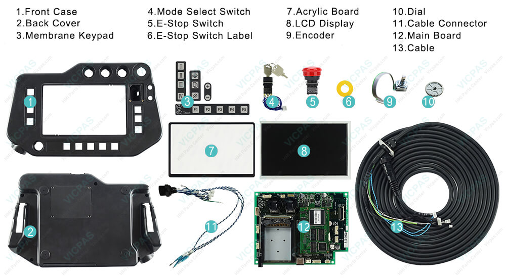 Panasonic G2 Teach Pendant Controller AUR01047 AUR01052 AUR01053 AUR01054 AUR01055 Terminal keypad switch, LCD display, protective case cover, Acrylic Board, Mode Select Switch, E-Stop Switch, E-Stop Switch Label, Encoder, Dial, Cable Connector, Main Board, Cable replacement Panasonic G2 Teach Pendant Controller AUR01047 AUR01052 AUR01053 AUR01054 AUR01055 Terminal keypad, LCD display, protective case cover, Acrylic Board, Mode Select Switch, E-Stop Switch, E-Stop Switch Label, Encoder, Dial, Cable Connector, Main Board, Cable replacement