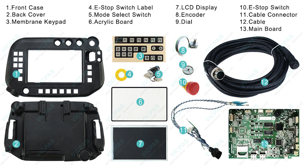 Panasonic G3 Teach Pendant Controller AUR01062 TA1400G3 TM1400G3 keypad switch, LCD display, protective case cover, E-Stop Switch Label, Acrylic Board, Mode Select Switch, Encoder, Dial, Cable Connector, Main Board, Cable, E-Stop Switch replacement