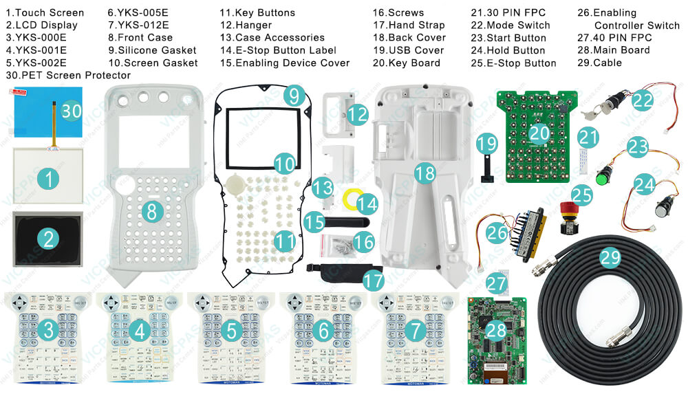 Motoman YASKAWA JZRCR-YPP03-1 Teach Pendant Parts, Touchscreen, Membrane Keypad, LCD Display, Hand Strap, Silicone Gasket, Screen Gasket, Key Buttons, E-Stop Button Label, Hanger, Case Accessories, Enable Switch Cover, USB Cover, Key Board, Enabling Controller Switch, Screws, Mode Switch, Start Button, Hold Button, E-Stop Button, Cable, Motherboard, 30 PIN FPC, 40 PIN FPC, and Protective Case Shell, PET Screen Protector for repair replacement Motoman YASKAWA JZRCR-YPP03-1 Teach Pendant Parts, touchscreen, membrane keypad, LCD display, Hand Strap, Silicone Gasket, Screen Gasket, Key Buttons, E-Stop Button Label, Hanger, Case Accessories, Enable Switch Cover, USB Cover, Key Board, Enabling Controller Switch, Screws, Mode Switch, Start Button, Hold Button, E-Stop Button, Cable, Motherboard, 30 PIN FPC, 40 PIN FPC, PET Screen Protector and protective case shell for repair replacement