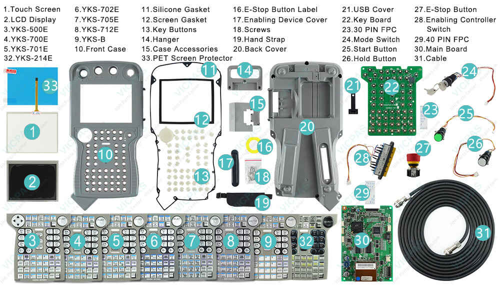 Motoman YASKAWA JZRCR-YPP13-1 Teach Pendant Parts, Touchscreen, Membrane Keypad, LCD Display, E-Stop Button Label, Hanger, Case Accessories, Enable Switch Cover, USB Cover, Key Board, Enabling Controller Switch, Screws, Mode Select Switch, Start Button, Hold Button, Emergency Stop Switch, Cable, Hand Strap, Silicone Gasket, Screen Gasket, Key Buttons, Motherboard, 30 PIN FPC, 40 PIN FPC, PET Screen Protector and Protective Case Shell for repair replacement Motoman YASKAWA JZRCR-YPP13-1 Teach Pendant Parts, touchscreen, membrane keypad, LCD display, Hand Strap, Silicone Gasket, Screen Gasket, Key Buttons, E-Stop Button Label, Hanger, Case Accessories, Enable Switch Cover, USB Cover, Key Board, Enabling Controller Switch, Screws, Mode Switch, Start Button, Hold Button, E-Stop Button, Cable, Motherboard, 30 PIN FPC, 40 PIN FPC, PET Screen Protector and protective case shell for repair replacement