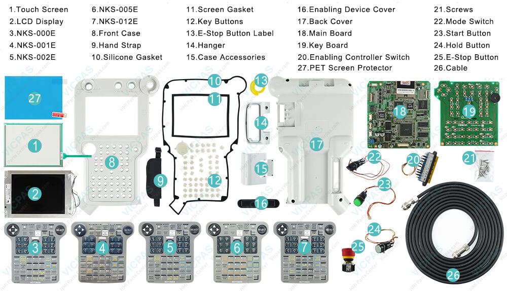 Motoman YASKAWA JZRCR-NPP01-1 Teach Pendant Parts, Touchscreen, Membrane Keypad, LCD Display, Hand Strap, Silicone Gasket, Screen Gasket, Key Buttons, E-Stop Button Label, Hanger, Case Accessories, Enable Switch Cover, Main Board, Key Board, Enabling Controller Switch, Screws, Mode Switch, Start Button, Hold Button, E-Stop Button, Cable, PET Screen Protector and Protective Case Shell for repair replacement Motoman YASKAWA JZRCR-NPP01-1 Teach Pendant Parts, touchscreen, membrane keypad, LCD display, Hand Strap, Silicone Gasket, Screen Gasket, Key Buttons, E-Stop Button Label, Hanger, Case Accessories, Enable Switch Cover, Main Board, Key Board, Enabling Controller Switch, Screws, Mode Switch, Start Button, Hold Button, E-Stop Button, Cable, PET Screen Protector and protective case shell for repair replacement