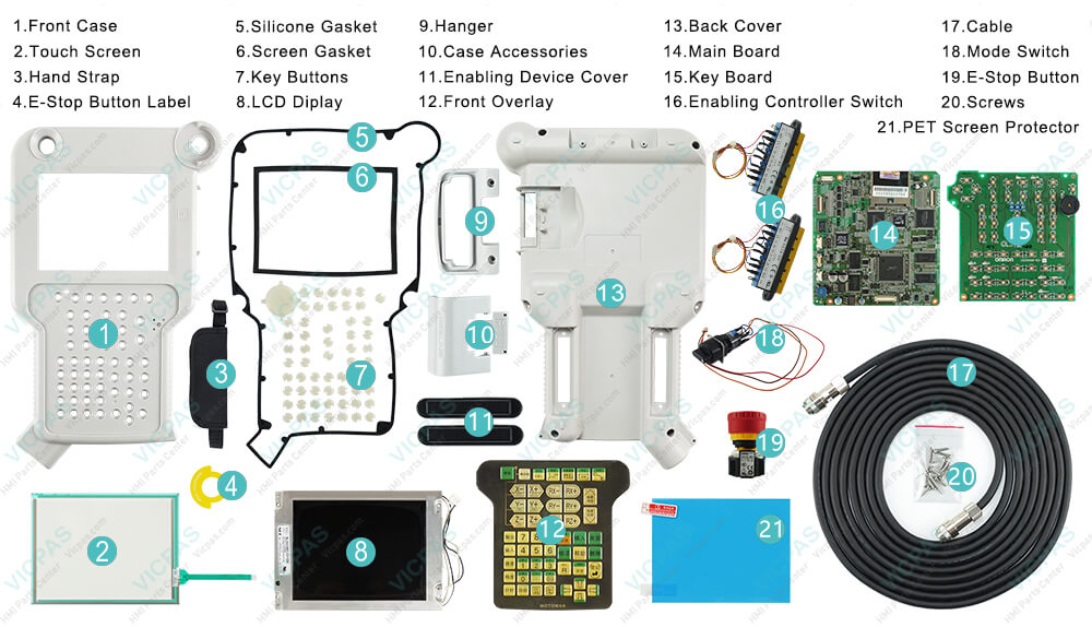 Motoman YASKAWA JZRCR-NPP04B-7 Teach Pendant Parts, Enabling Controller Switch, HMI Case, Membrane Keyboard, E-Stop Button Label, LCD Display Screen, Cable, Case Gasket, Case Accessories, E-Stop Switch, Enable Switch Cover, Hand Strap, Hanger, Key Board, Key Buttons, Mode Select Switch, Mother Board, Screws, Silicone Gasket, PET Screen Protector and Touch Membrane for repair replacement Motoman YASKAWA JZRCR-NPP04B-7 Teach Pendant Parts, touchscreen, membrane keypad, LCD display, Cable, Case Gasket, Case Accessories, E-Stop Button Label, Emergency Stop Switch, Enable Switch Cover, Enabling Controller Switch, Hand Strap, Hanger, Key Board, Key Buttons, Mode Select Switch, Mother Board, Screws, Silicone Gasket, PET Screen Protector and protective case shell for repair replacement