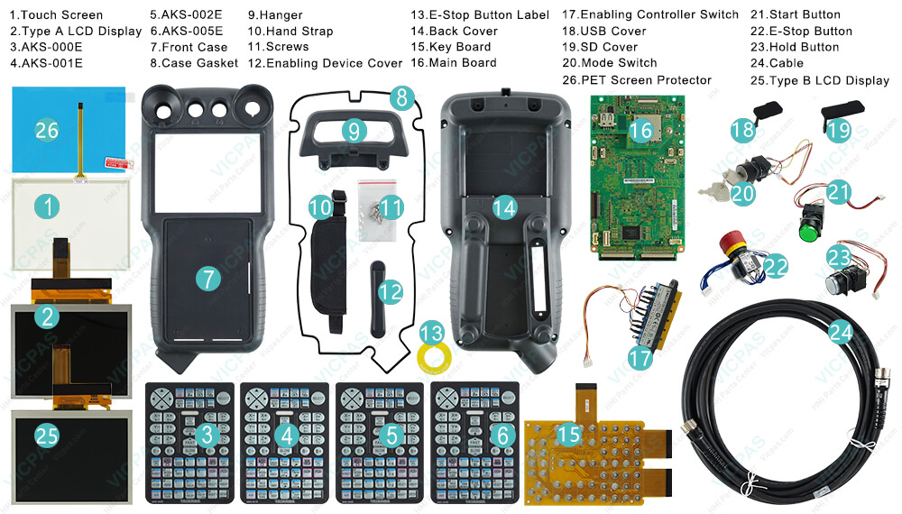Motoman YASKAWA JZRCR-APP01-1 YRC1000 Enable Switch Cover, Touch Panel, Mode Select Switch, Membrane Keyboard, LCD Display Screen, Start Button, Hold Button, Screws, Emergency Stop Button, Hand Strap, E-Stop Button Label, Hanger, Motherboard, Key Board, Enabling Controller Switch, Cable, Case Gasket, SD Cover, USB Cover, PET Screen Protector and Case Cover for repair replacement Motoman YASKAWA JZRCR-APP01-1 YRC1000 touchscreen, membrane keypad, LCD display, Start Button, Hold Button, Hand Strap, E-Stop Button Label, Hanger, Enable Switch Cover, Main Board, Mode Select Switch, Key Board, Enabling Controller Switch, Screws, E-Stop Button, Cable, Case Gasket, SD Cover, USB Cover, PET Screen Protector and protective case shell for repair replacement