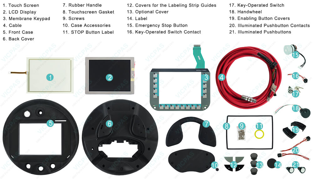 6AV6645-0CB01-0AX0 Siemens Simatic HMI Mobile Panel 277 Touchscreen Glass, Membrane Keyboard, Gasket, Plastic Cover Body, STOP Button Label, Rubber Handle, Enabling Button Covers, Screws, Cable, Key-Operated Switch, Handwheel, Enabling Button Covers, Illuminated Pushbutton Contacts, Illuminated Pushbuttons, Emergency Stop Button, Key-Operated Switch Contact and Cover for the Labeling Strip Guides Repair Replacement