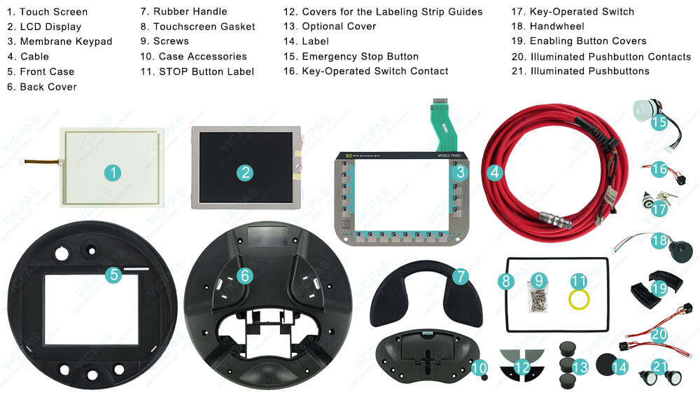 6AV6645-0EF01-0AX1 Siemens Simatic HMI MOBILE PANEL 277F IWLAN V2 Touchscreen Glass, Membrane Keyboard, Gasket, Plastic Cover Body, STOP Button Label, Rubber Handle, Screws, Cable, Optional Cover, Illuminated Pushbuttons, Emergency Stop Button, Key-Operated Switch Contact, Key-Operated Switch, Handwheel, Enabling Button Covers, Illuminated Pushbutton Contacts and Cover for the Labeling Strip Guides Repair Replacement