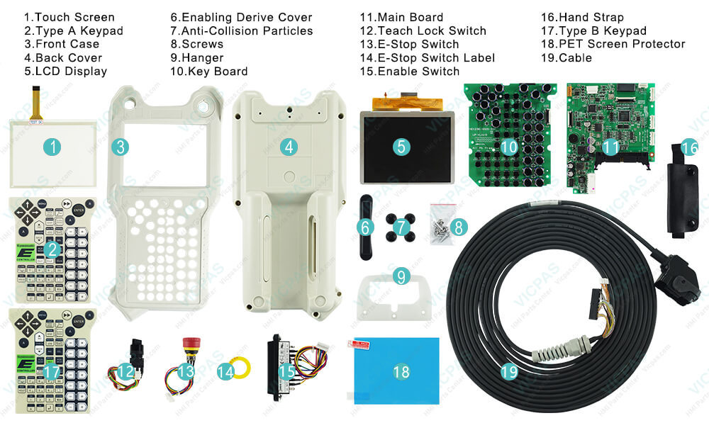 Kawasaki Robotics 60337-0283 Teach Pendant Parts, touchscreen, membrane keypad, LCD display, Enabling Derive Cover, Anti-Collision Particles, Screws, Hanger, Key Board, Main Board, Teach Lock Switch, E-Stop Switch, E-Stop Switch Label, Enable Switch, Hand Strap, PET Screen Protector, Cable and protective case shell for repair replacement