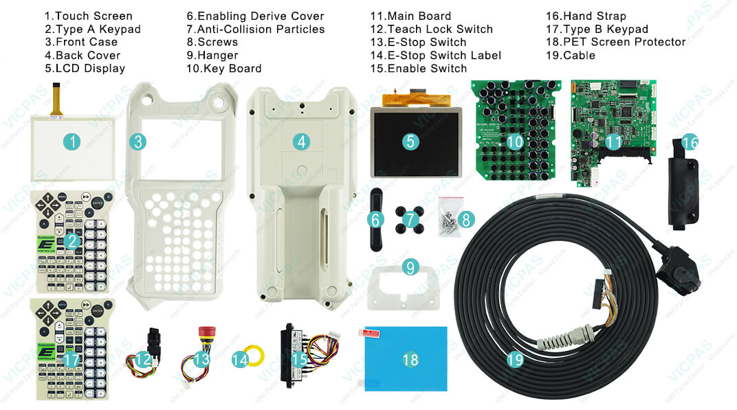 Kawasaki Robotics 50817-0094 50817-0096 Teach Pendant Parts, touchscreen, membrane keypad, LCD display, Key Board, Mainboard, Teach Lock Switch, E-Stop Switch, E-Stop Switch Label, Enable Switch, Hand Strap, PET Screen Protector, Enabling Derive Cover, Anti-Collision Particles, Screws, Hanger, Cable and protective case shell for repair replacement