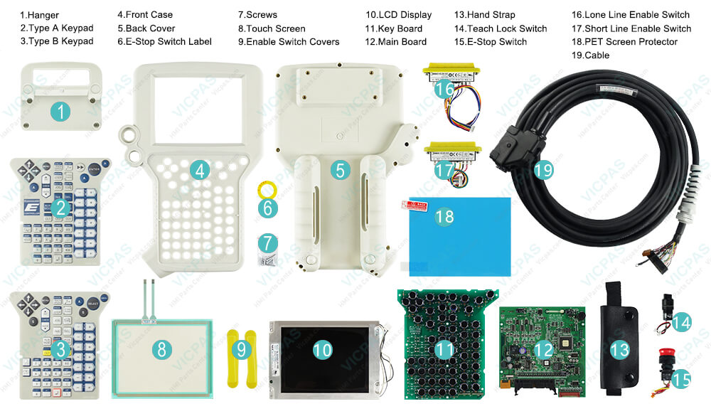 Kawasaki Robot 50817-1299 Teach Pendant Touch Panel, Membrane Keyboard, LCD Display, HMI Case, Hand Strap, Teach Lock Switch, E-Stop Switch, Lone Line Enable Switch, Short Line Enable Switch, PET Screen Protector, Enable Switch Covers, Key Board, Main Board, Cable repair