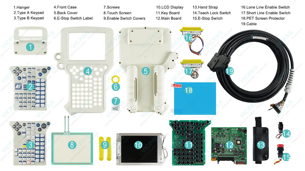 Kawasaki Robot 50817-1457 Teach Pendant Keypad Membrane, Housing, LCD Panel, Touch Digitizer Glass, Hand Strap, Teach Lock Switch, E-Stop Switch, Lone Line Enable Switch, Short Line Enable Switch, PET Screen Protector, Enable Switch Covers, Key Board, Main Board, Cable replacement