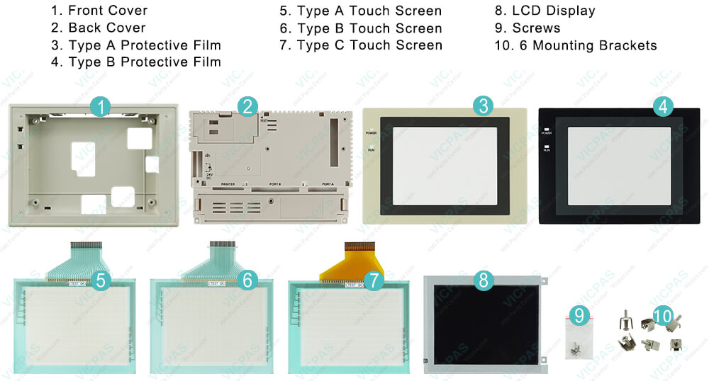 Omron NT31C series HMI NT31C-ST143B-V3 Touch Panel, Protective Film, Front Cover, Back Cover, Mounting Clips, Screws and Display Repair Kit. Omron NT31C series HMI NT31C-ST143B-V3 Touch Panel, Protective Film, Front Cover, Back Cover, Mounting Clips, Screws and Display Repair Kit.