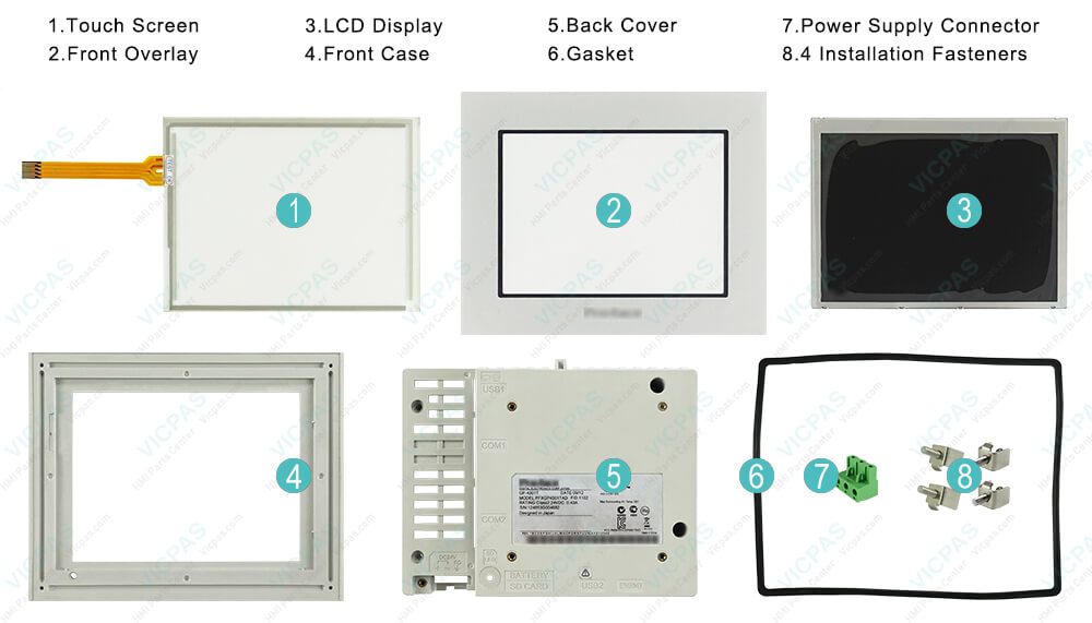 Proface GP4000 GP-4301T PFXGP4301TADC PFXGP4301TADR LCD Display Panel, Front Overlay, Shell Case, Installation Fasteners, Power Supply Connector, Gasket and Touch Digitizer Repair Replacement Proface GP4000 GP-4301T PFXGP4301TADC PFXGP4301TADR LCD Display, Touch Membrane, Front Case, Back Cover, Installation Fasteners, Power Supply Connector, Gasket and Protective Film Repair Replacement