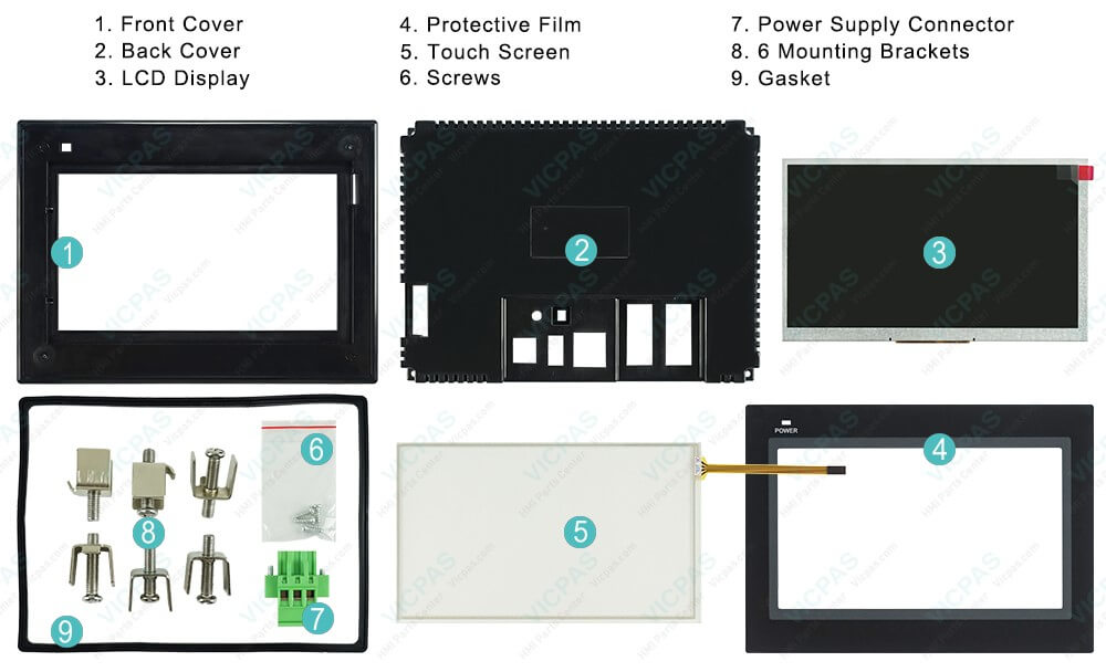 Omron NB7W Series HMI NB7W-TW10B Touchscreen, Protective Film, Outer Casing, Screws, Power Supply Connector, 6 Mounting Brackets, Gasket and Display Repair Kit Omron NB7W Series HMI NB7W-TW10B Touchscreen, Protective Film, Outer Casing, Screws, Power Supply Connector, 6 Mounting Brackets, Gasket and Display Repair Kit