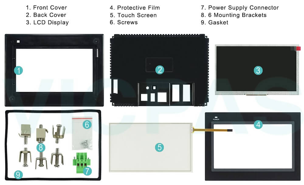 Omron NB7W Series HMI NB7W-TW00B Touchscreen, Protective Film, Front Cover, Back Cover, Screws, Power Supply Connector, 6 Mounting Brackets, Gasket and Display Repair Kit Omron NB7W Series HMI NB7W-TW00B Touchscreen, Protective Film, Front Cover, Back Cover, Screws, Power Supply Connector, 6 Mounting Brackets, Gasket and Display Repair Kit