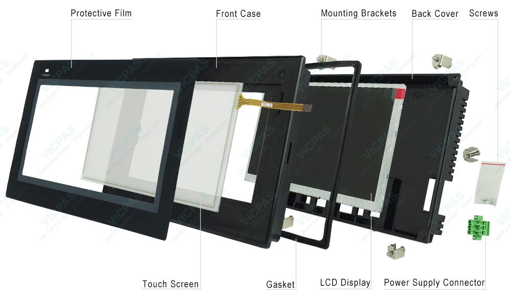 Omron NB7W Series HMI NB7W-TW01B Touchscreen, Protective Film, Outer Covering, Power Supply Connector, 6 Mounting Brackets, Gasket, Screws and Display Repair Kit Omron NB7W Series HMI NB7W-TW01B Touchscreen, Protective Film, Outer Covering, Power Supply Connector, 6 Mounting Brackets, Gasket, Screws and Display Repair Kit