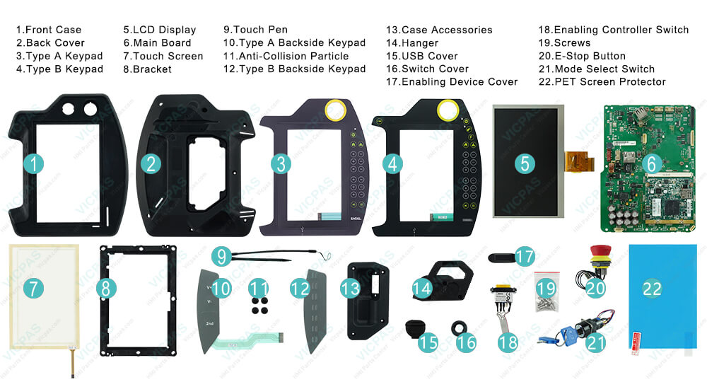 KEBA T70 Engel KDT-4908 Touch Screen, Membrane Keyboard Keypad, LCD Display Panel, Housing, Main Board, Bracket, Touch Pen, Backside Keypad, Anti-Collision Particle, Case Accessories, Hanger, USB Cover, Switch Cover, Enabling Device Cover, Enabling Controller Switch, Screws, E-Stop Button, Mode Select Switch, PET Screen Protector Repair Replacement