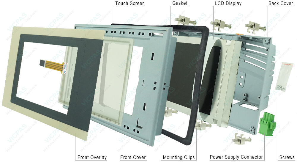 Power Panel 65 4PP065.0571-K02 Front Overlay, Touch Membrane, Plastic Case, Gasket, LCD Panel, Interface Module Cover, Power Supply Connector, Screws, Battery Cover, Extension Cable and Mounting Clips Replacement