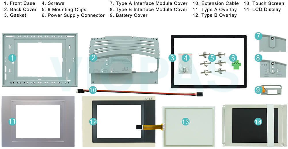 Power Panel 65 4PP065.0571-K01 Front Case, Back Cover, Gasket, Screws, Mounting Clips, Power Supply Connector, Interface Module Cover, Battery Cover, Extension Cable, Protective Film, Touch Screen Glass and LCD Screen Replacement Power Panel 65 4PP065.0571-K01 Front Case, Back Cover, Gasket, Screws, Mounting Clips, Power Supply Connector, Interface Module Cover, Battery Cover, Extension Cable, Front Overlay, Touch Screen Glass and LCD Display Replacement