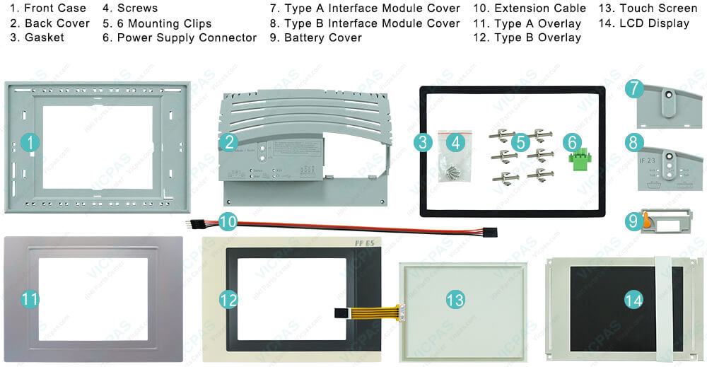 Power Panel 65 4PP065.0573-K01 Front Case, Back Cover, Gasket, Screws, Mounting Clips, Power Supply Connector, Interface Module Cover, Battery Cover, Extension Cable, Front Overlay, Touch Screen Panel and LCD Screen Repair