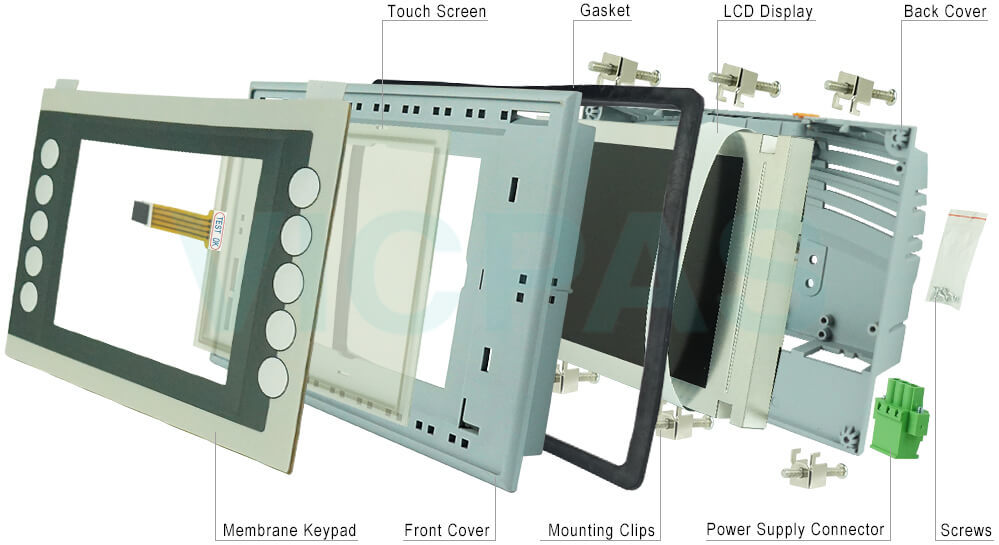 Power Panel 65 4PP065.0571-K68 Operator Keyboard, Touch Screen Tablet, Front Case, Back Cover, Gasket, LCD Screen, Mounting Clips, Power Supply Connector, Screws, Interface Module Cover, Battery Cover and Extension Cable Replacement