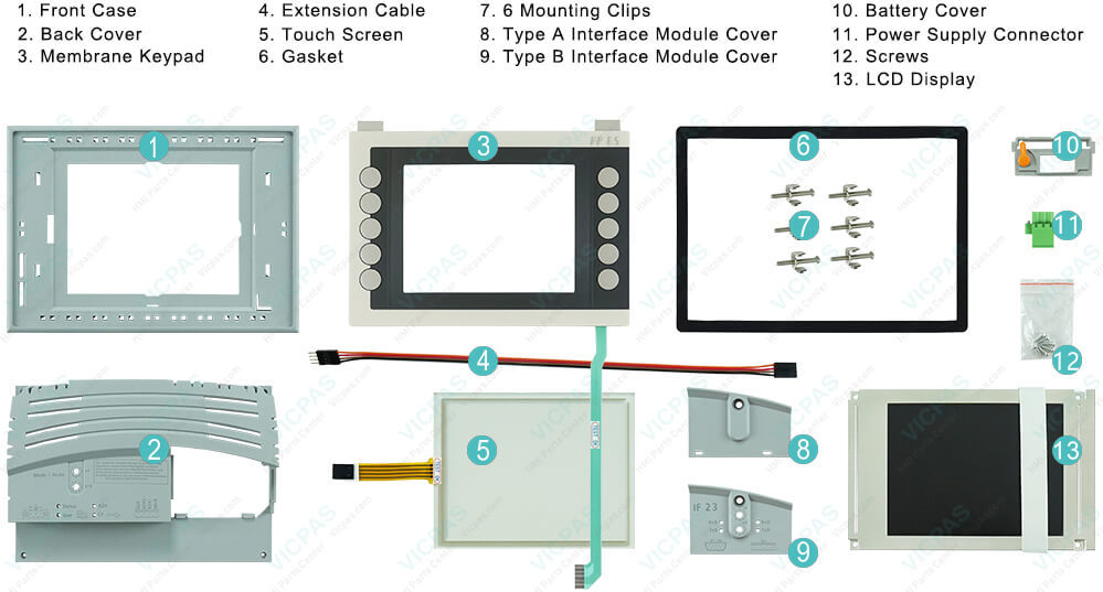Power Panel 65 4PP065.0571-X74F Mounting Clips, Battery Cover, Touch Screen Panel, Interface Module Cover, Gasket, LCD Display, Power Supply Connector, Screws, Extension Cable,  Plastic Shell and Terminal Keypad Repair