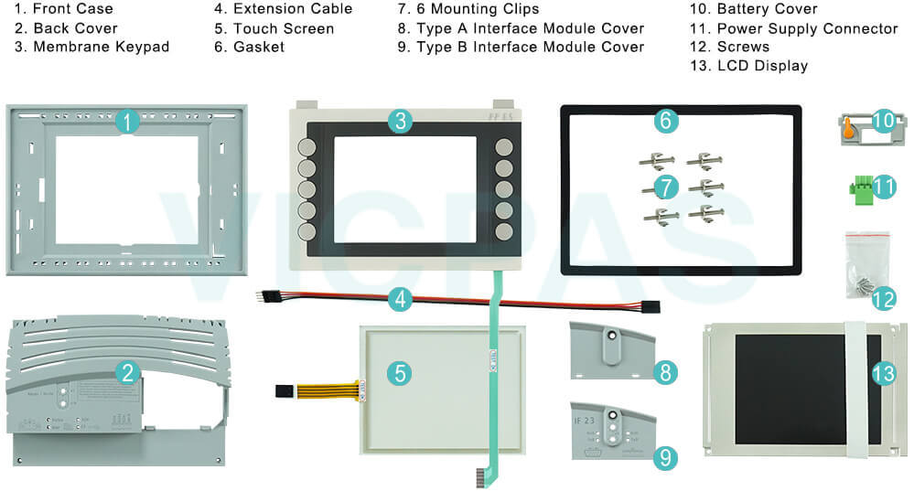 Power Panel 65 4PP065.0571-K37 Front Case, Back Cover, Terminal Keypad, Extension Cable, Touch Screen Glass, Gasket, Mounting Clips, Interface Module Cover, Battery Cover, Power Supply Connector, Screws and LCD Display Replacement Power Panel 65 4PP065.0571-K37 Front Case, Back Cover, Terminal Keypad, Extension Cable, Touch Screen Glass, Gasket, Mounting Clips, Interface Module Cover, Battery Cover, Power Supply Connector, Screws and LCD Display Replacement