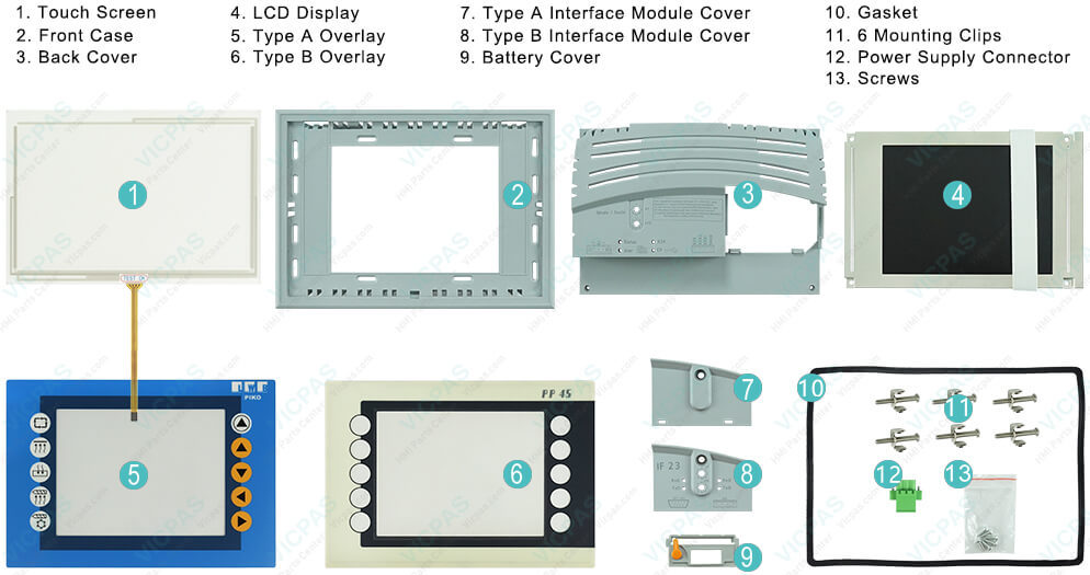 Power Panel 45 4PP045.0571-062 Touch Screen Display, Front Case, Back Cover, LCD Panel, Front Overlay, Interface Module Cover, Battery Cover, Gasket, Mounting Clips, Power Supply Connector and Screws Repair