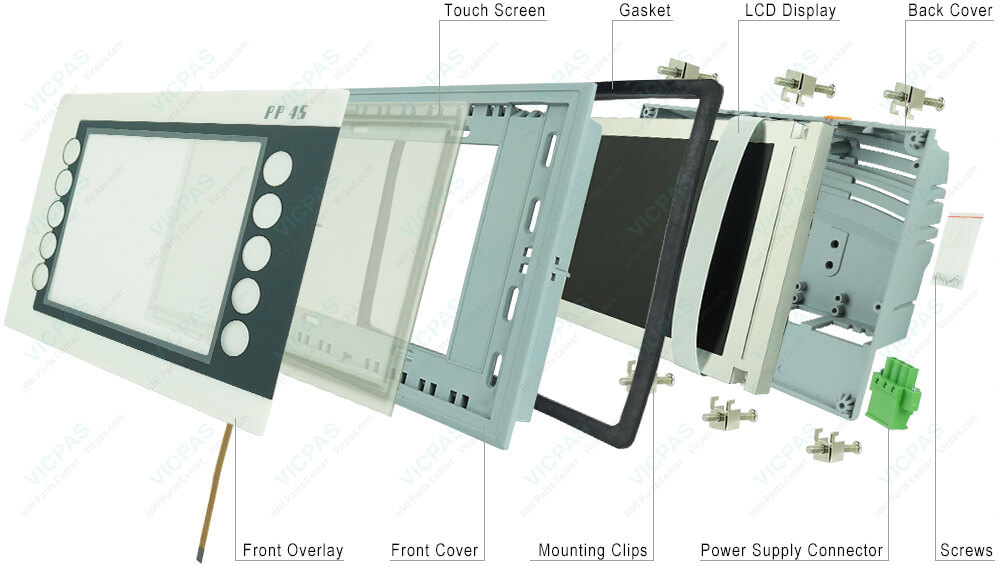 Power Panel 45 4PP045.0571-K47 Front Overlay, Touch Digitizer Glass, Plastic Case, Gasket, LCD Screen, Interface Module Cover, Mounting Clips, Battery Cover, Screws and Power Supply Connector Repair