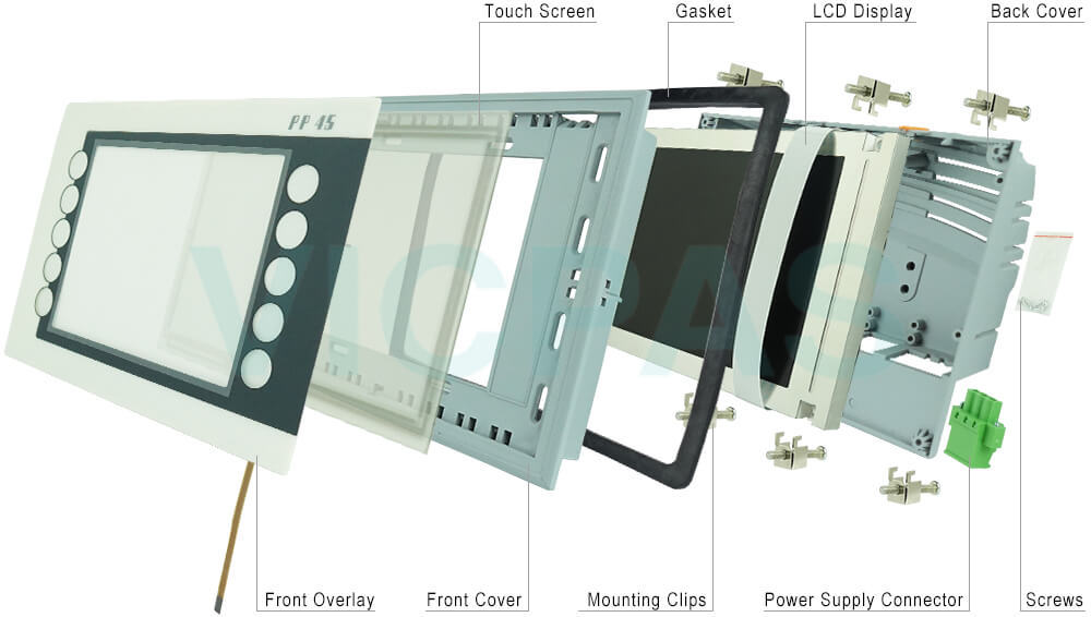 Power Panel 45 4PP045.0571-042 Front Overlay, Touch Screen Tablet, Plastic Enclosure, Gasket, LCD Display, Interface Module Cover, Mounting Clips, Battery Cover, Screws and Power Supply Connector Replacement