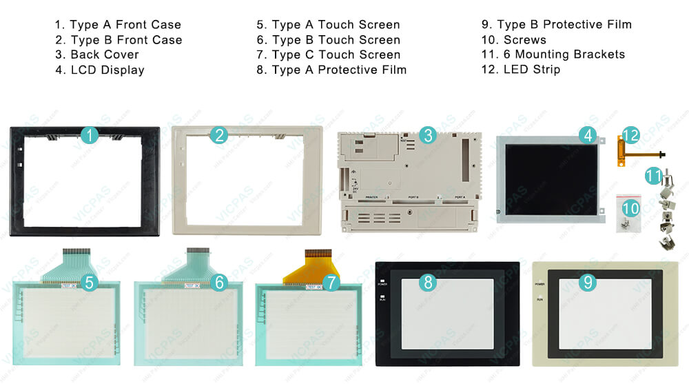  Omron NT31C series HMI NT31C-ST142B-EV2 Touch Panel, Protective Film, Plastic Shell, Mounting Clips, Screws, LED Strip and Display Repair Kit.