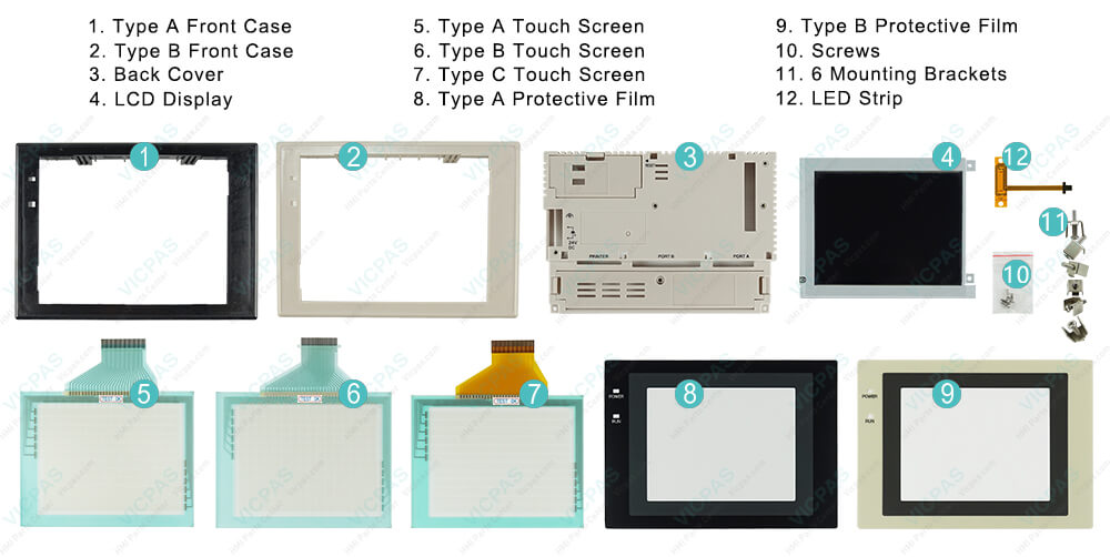 Omron NT31 series HMI NT31-ST121B-V2 Touch Panel, Protective Film, Plastic Housing, Screws, Mounting Clips, LED Strip and Display Repair Kit.