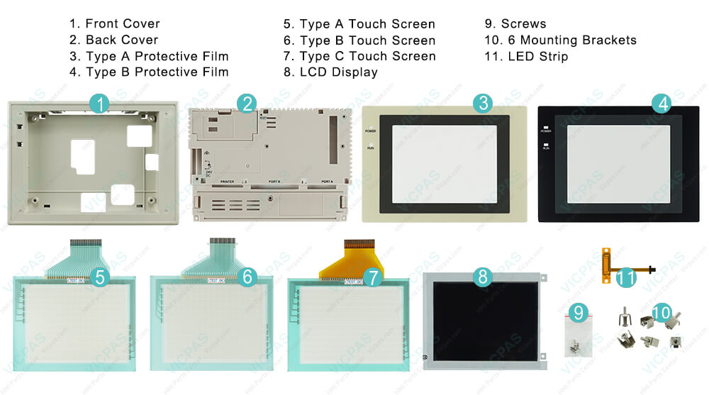 Omron NT31 series HMI NT31-ST123B-EV3 Touch Panel, Protective Film, HMI Case, Screws, Mounting Clips, LED Strip and Display Repair Kit.