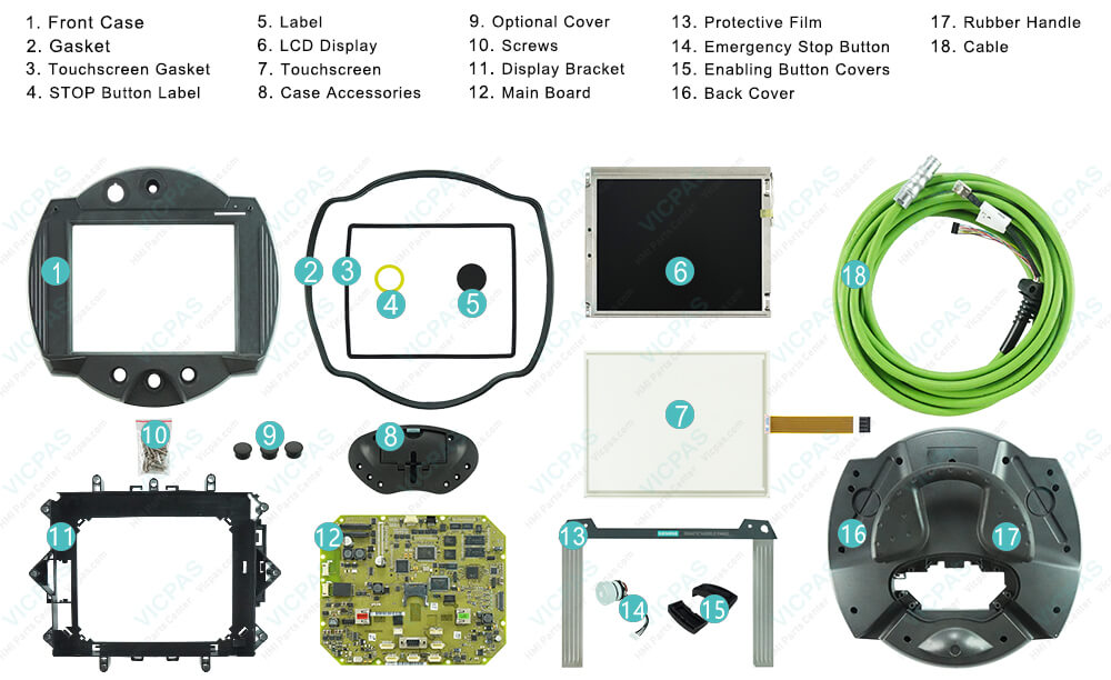 6AV6645-7AB10-1AS0 Siemens Simatic HMI MOBILE PANEL 277 10 Enclosure, Gasket, Touchscreen Gasket, STOP Button Label, Label, LCD Display, Touch Screen Panel, Case Accessories, Optional Cover, Screws, Display Bracket, Main Board, Protective Film, Emergency Stop Button, Enabling Button Covers, Rubber Handle and Cable Repair Replacement
