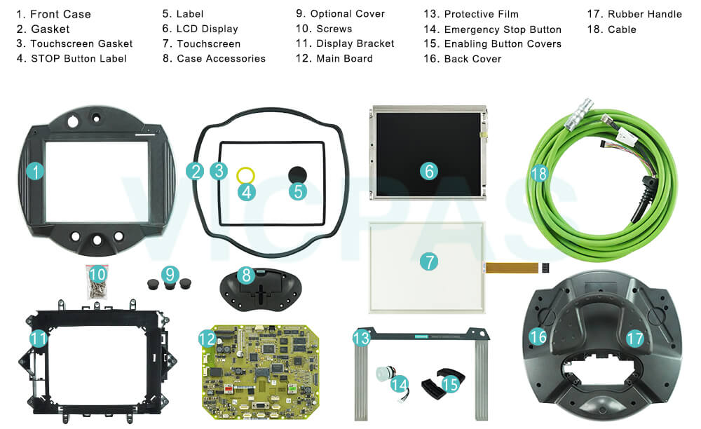6AV6645-7AB10-0AS0 Siemens Simatic HMI MOBILE PANEL 277 10 Plastic Case, Gasket, Touchscreen Gasket, STOP Button Label, Label, LCD Screen, Touch Panel, Case Accessories, Optional Cover, Screws, Display Bracket, Main Board, Front Overlay, Emergency Stop Button, Enabling Button Covers, Back Cover, Rubber Handle and Cable Repair Replacement 6AV6645-7AB10-0AS0 Siemens Simatic HMI MOBILE PANEL 277 10 Plastic Case, Gasket, Touchscreen Gasket, STOP Button Label, Label, LCD Screen, Touch Panel, Case Accessories, Optional Cover, Screws, Display Bracket, Main Board, Front Overlay, Emergency Stop Button, Enabling Button Covers, Back Cover, Rubber Handle and Cable Repair Replacement