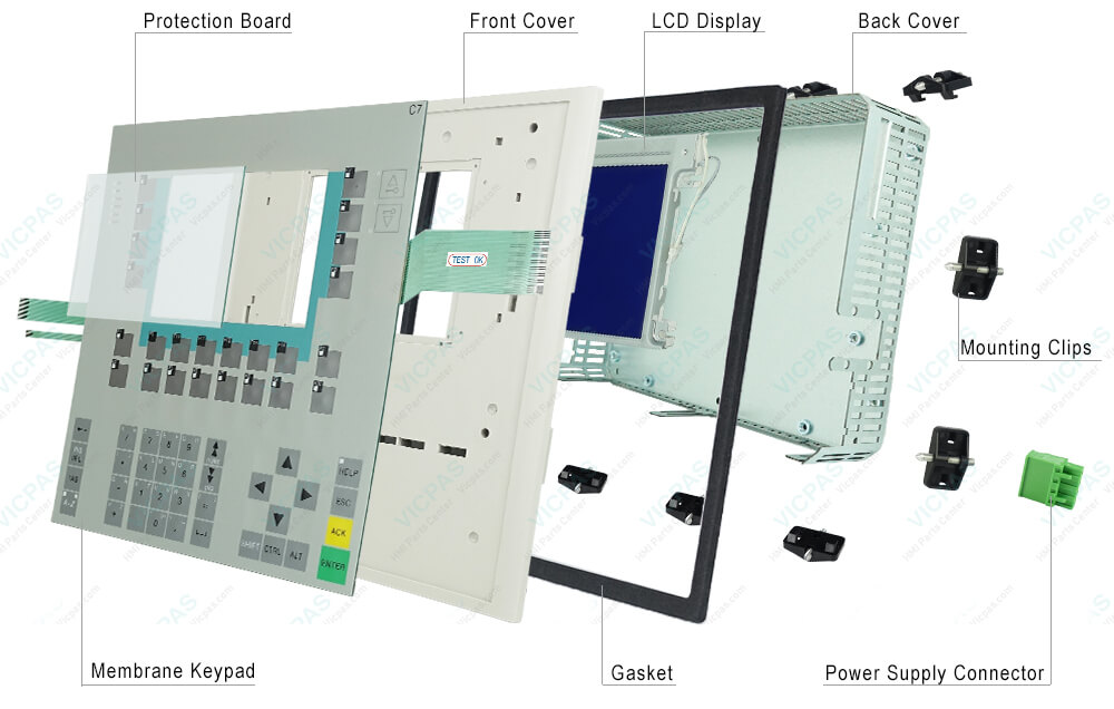 6ES7635-2EC02-0AE3 Siemens SIMATIC HMI C7-635 Touchscreen, Membrane Keyboard, Plastic Shell, LCD Display, Gasket, Mounting Clips, Metal Back Cover and Power Supply Connector Repair Replacement