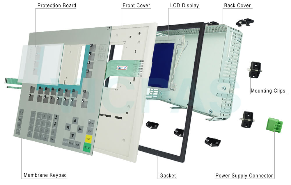 6ES7635-2SE00-0AE3 Siemens SIMATIC HMI C7-635 Touchscreen, Membrane Keyboard, Plastic Shell, Mounting Clips, LCD Display, Gasket, Metal Back Cover and Power Supply Connector Repair Replacement