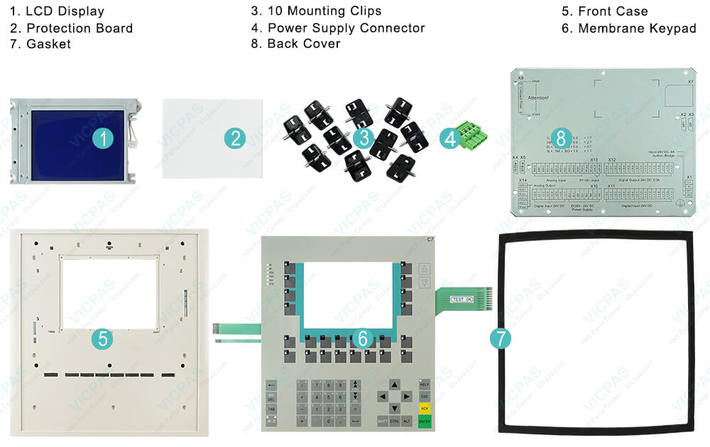 6ES7635-2EC00-0AE3 Siemens SIMATIC HMI C7-635 Touchscreen, Membrane Keyboard, Plastic Shell, Mounting Clips, LCD Display, Gasket, Metal Back Cover and Power Supply Connector Repair Replacement