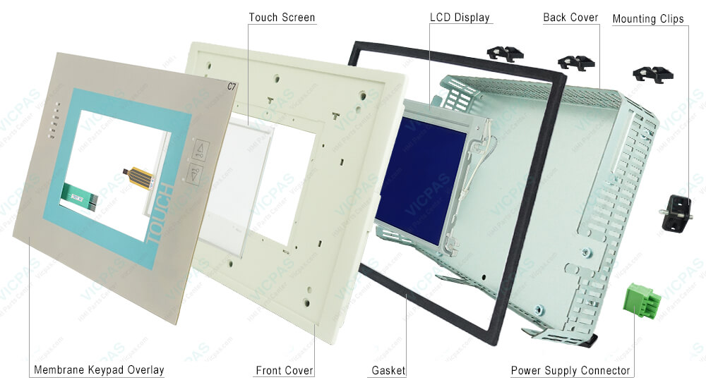 6ES7635-2EB00-0AE3 Siemens SIMATIC HMI C7-635 Touchscreen, Protective Film, LCD Screen, Plastic Shell, Mounting Clips, Gasket, Metal Back Cover and Power Supply Connector Repair Replacement