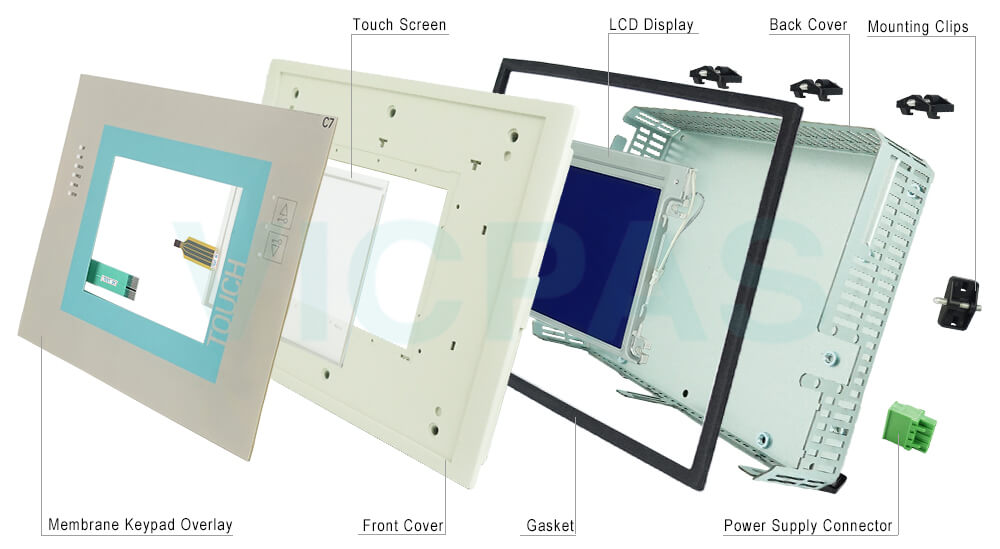 6ES7635-2EB02-0AE3 Siemens SIMATIC HMI C7-635 Touchscreen, Front Overlay, LCD Display Screen, Plastic Shell, Mounting Clips, Gasket, Metal Back Cover and Power Supply Connector Repair Replacement
