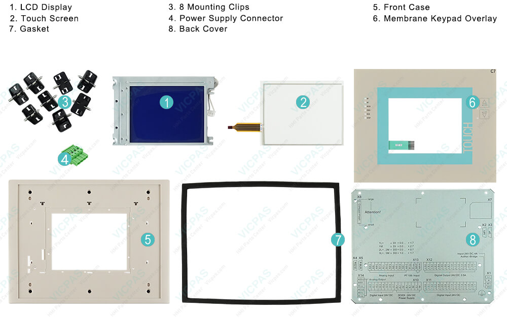 6ES7635-2EB01-0AE3 Siemens SIMATIC HMI C7-635 Touchscreen, Front Overlay, Membrane Keyboard, LCD Display, Plastic Shell, Gasket, Mounting Clips, Metal Back Cover and Power Supply Connector Repair Replacement