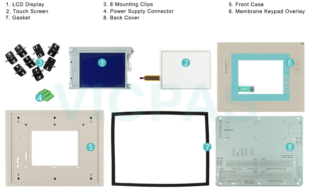 6ES7635-3SE00-0AE3 Siemens SIMATIC HMI C7-635 Touchscreen, Membrane Keyboard, LCD Panel, Plastic Shell, Mounting Clips, Gasket, Metal Back Cover and Power Supply Connector Repair Replacement