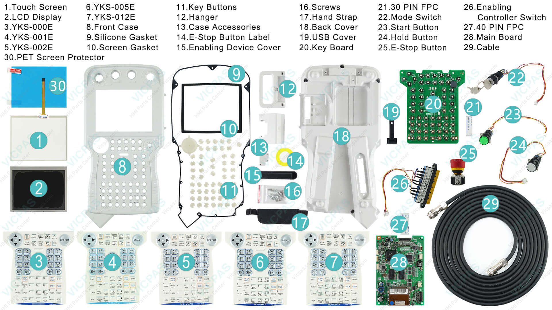 VICPAS JZRCR-YPP01-1 Yaskawa DX100 Teach Pendant with 8m cable, touchscreen details, and 1-Year Warranty badge