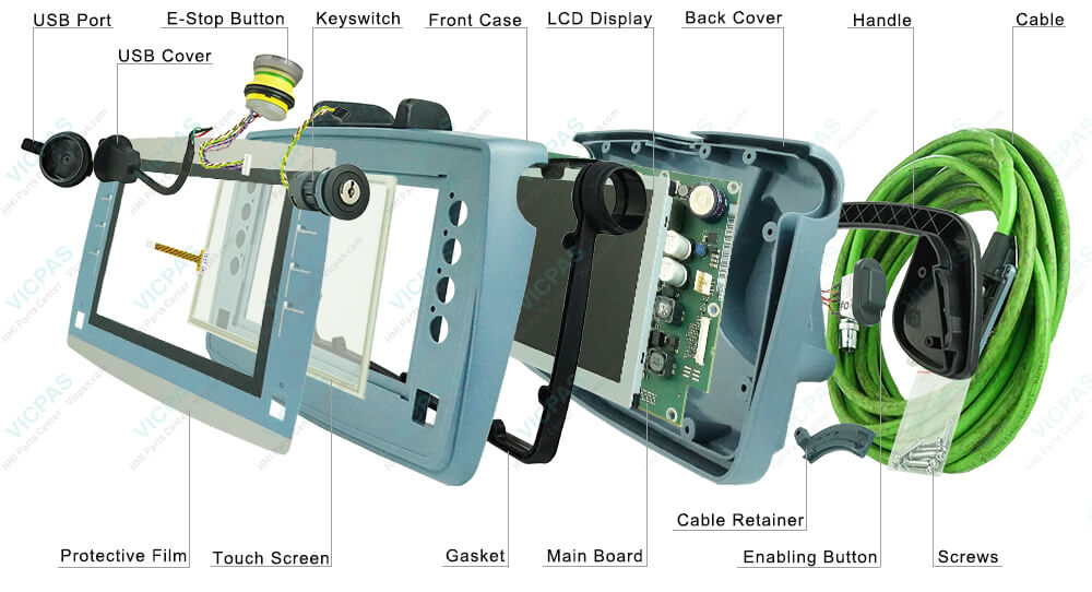  6AV2125-2GB23-0AX0 Siemens Simatic HMI KTP700F Mobile Touch Screen Panel Glass, LCD Display, Main Board, Protective Film, Cable, Handle, Gasket, USB Cover, USB Port, Screws, Cable Retainer, Back Cover, Front Case, Enabling Button, Enabling Button Cover, Key, Keyswitch, Keyswitch Contact, E-Stop Button Repair Replacement