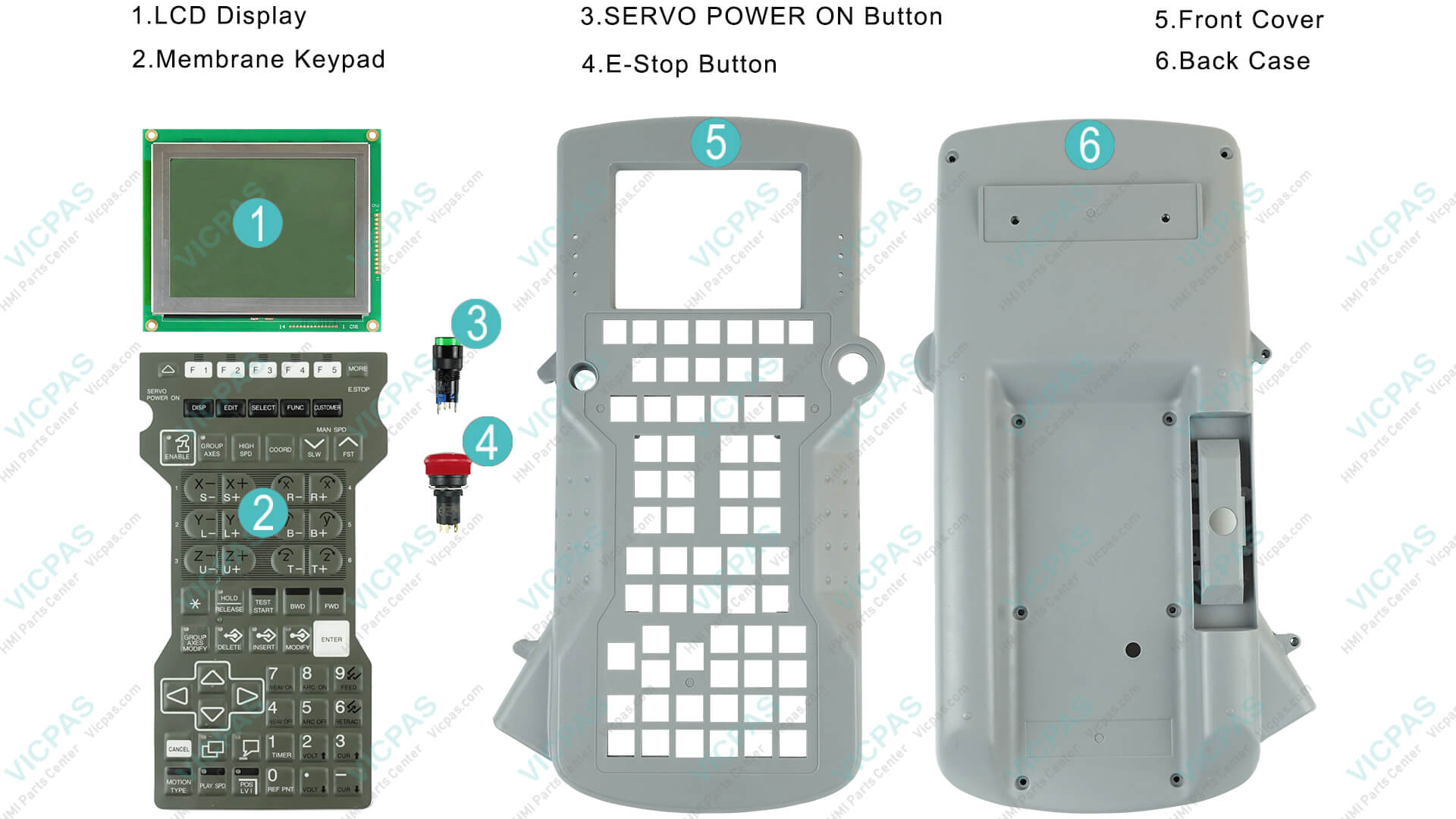 Product showcase of VICPAS-branded Yaskawa MRC Teach Pendant accessories on a workbench