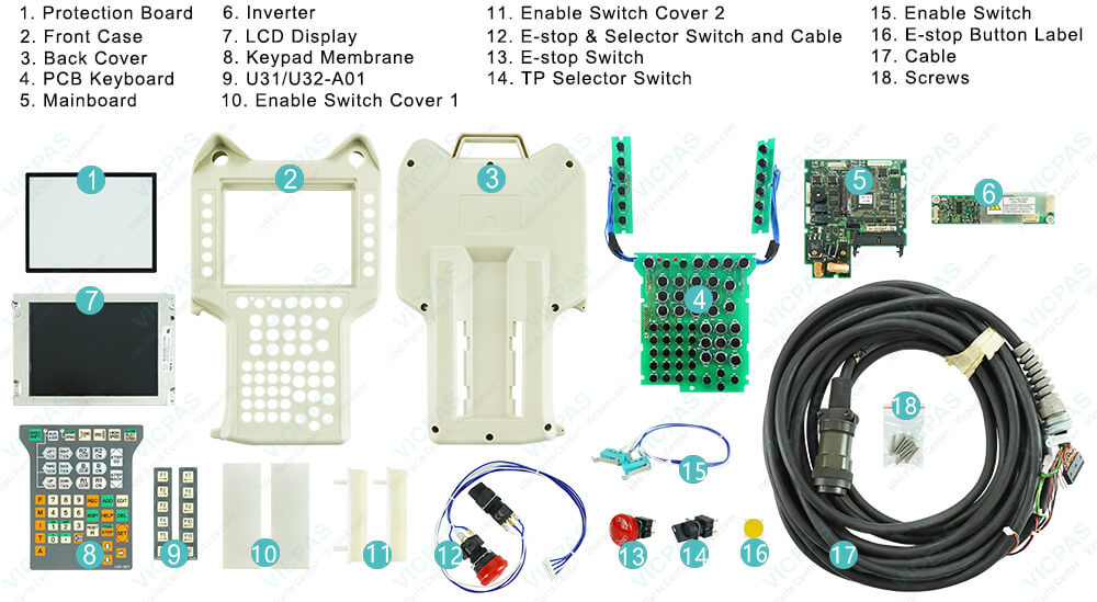 Nachi-Fujikoshi ROP601 NACHI Keyboard Membrane, Plastic Shell, LCD Display Panel, Protection Board, PCB Keyboard, Mainboard, lnverter, U31/U32-A01 Film, Enable Switch Cover, E-stop & SeIector Switch and Cable, E-stop Switch, TP Selector Switch, Enable Switch, E-stop Button Label, Cable and Screws Replacement Nachi-Fujikoshi ROP601 NACHI Keyboard Membrane, Plastic Shell, LCD Display Panel, Protection Board, PCB Keyboard, Mainboard, lnverter, U31/U32-A01 Film, Enable Switch Cover, E-stop & SeIector Switch and Cable, E-stop Switch, TP Selector Switch, Enable Switch, E-stop Button Label, Cable and Screws Replacement